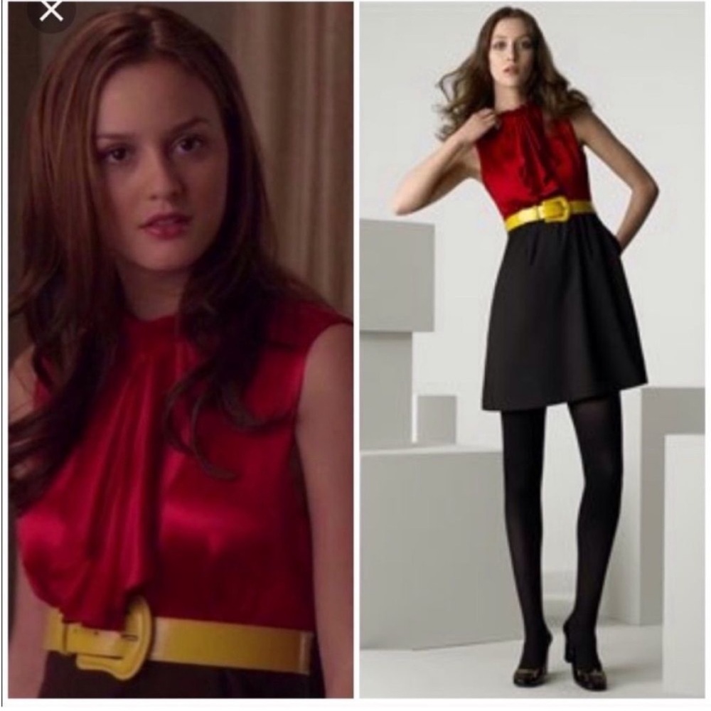 Alice + Olivia “Jabot” red, brown and yellow belted dress S